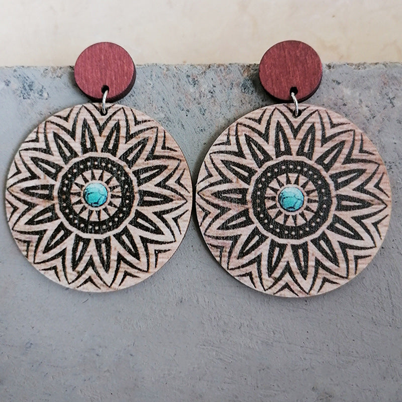 2 pares al por mayor/paquete Aztec Turquesa Patrón Patchwork Pendientes de madera redonda
